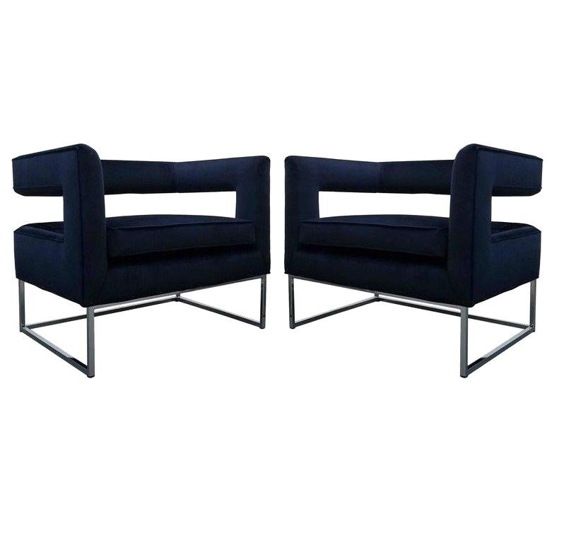 Pair of Minimalist Floating Back Cube Chairs in Blue Velvet