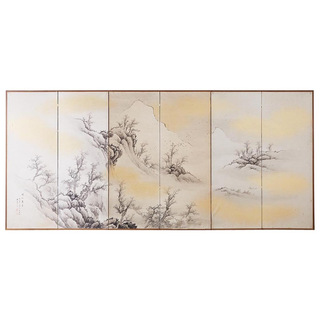 Japanese Six Panel Edo Ink on Paper Landscape Screen