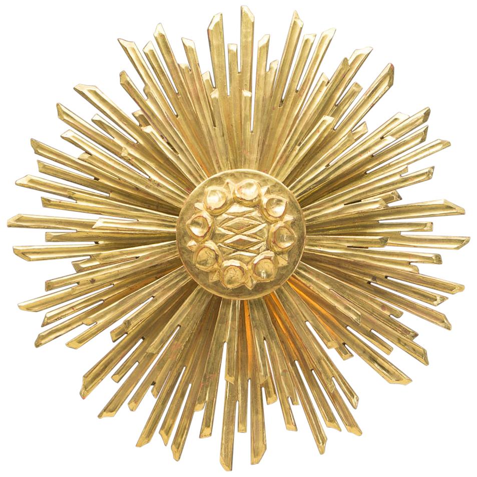 Large Wooden Sunburst Golden Wall Lamp, Italy, 1960s