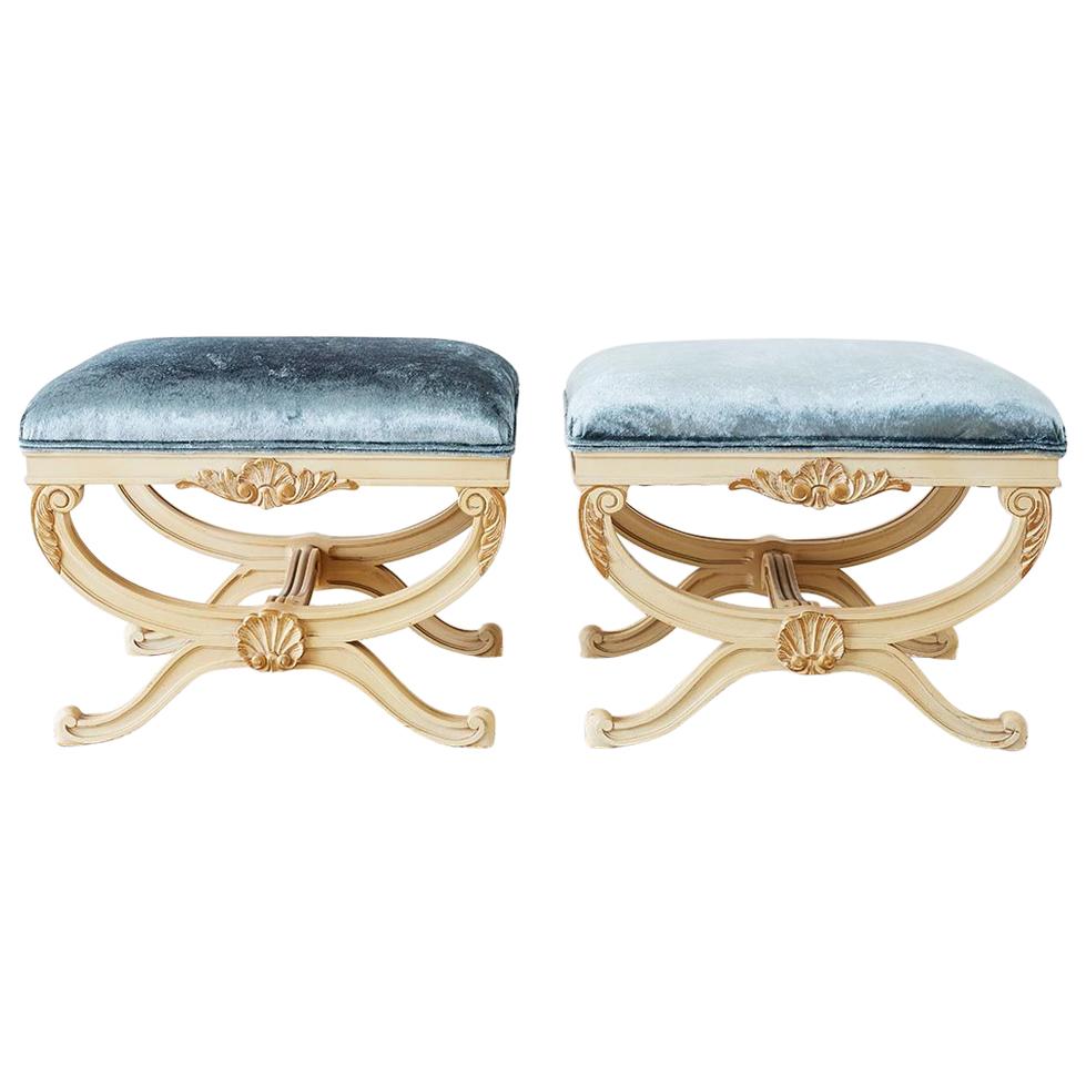 Pair of Curule Stool Benches with Velvet Upholstery