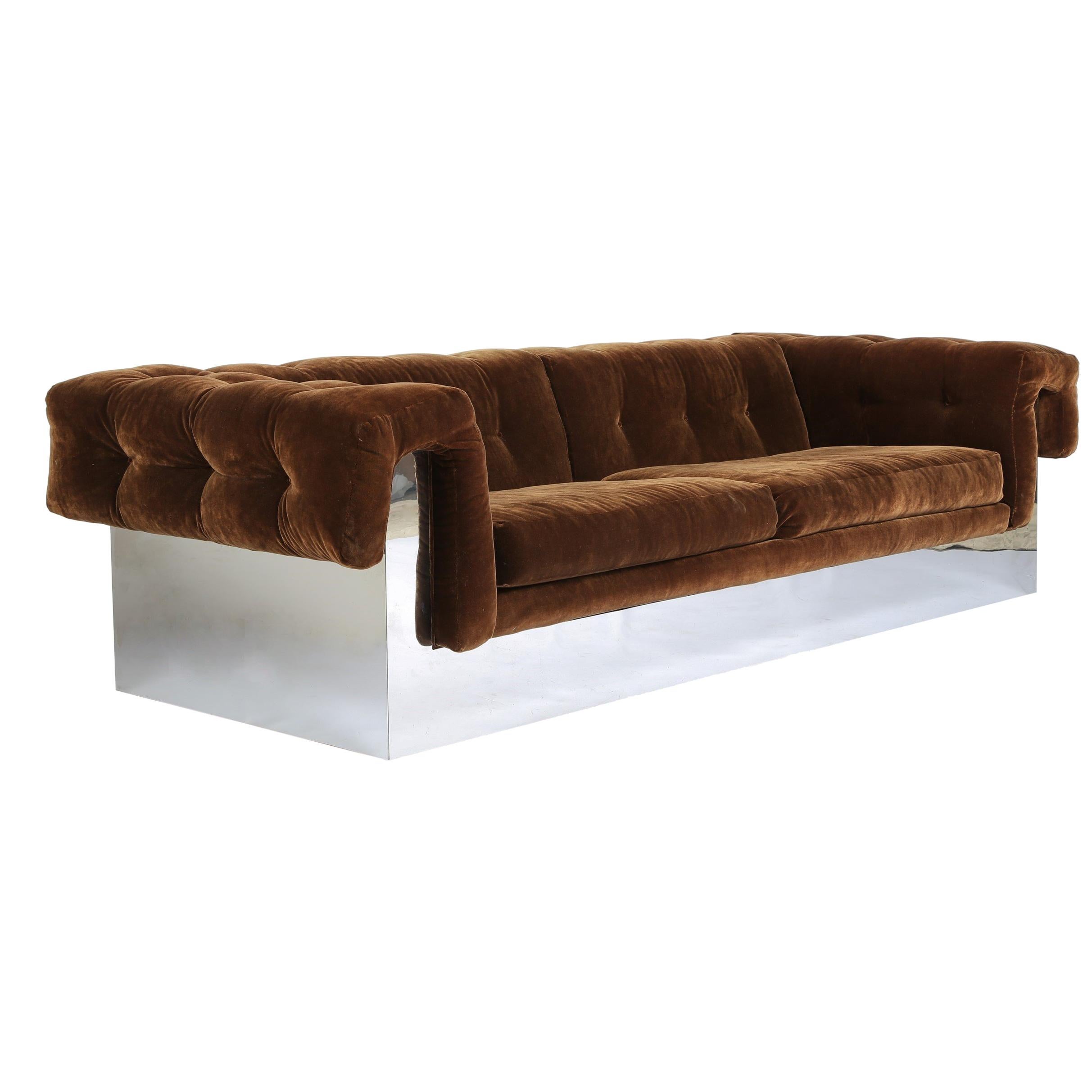 Elegant Milo Baughman Button-Tufted Chrome Sofa