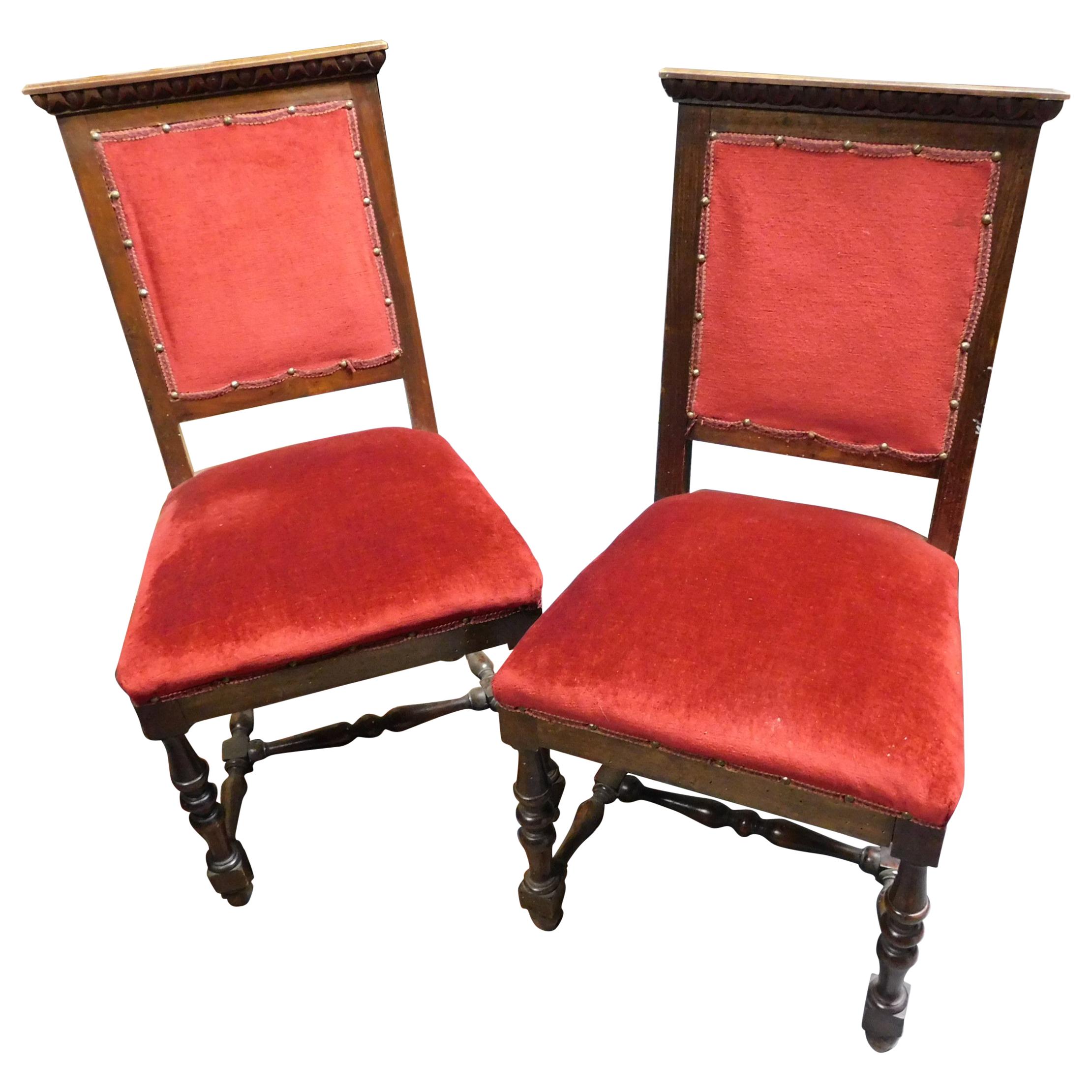 19th Century Pair of Chairs, Armchairs, Red Velvet, Wood with Frames, Italy For Sale