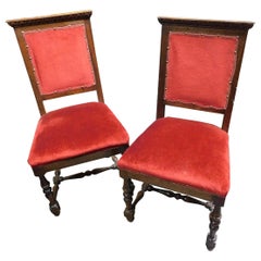 Antique 19th Century Pair of Chairs, Armchairs, Red Velvet, Wood with Frames, Italy