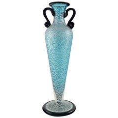 Large Murano Vase with Handles in Turquoise Mouth Blown Art Glass, 1960s