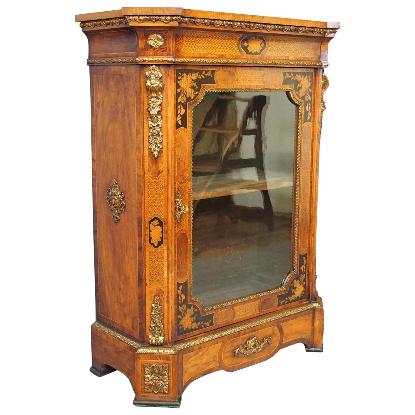 Victorian Walnut Marquetry Inlaid Pier Cabinet For Sale