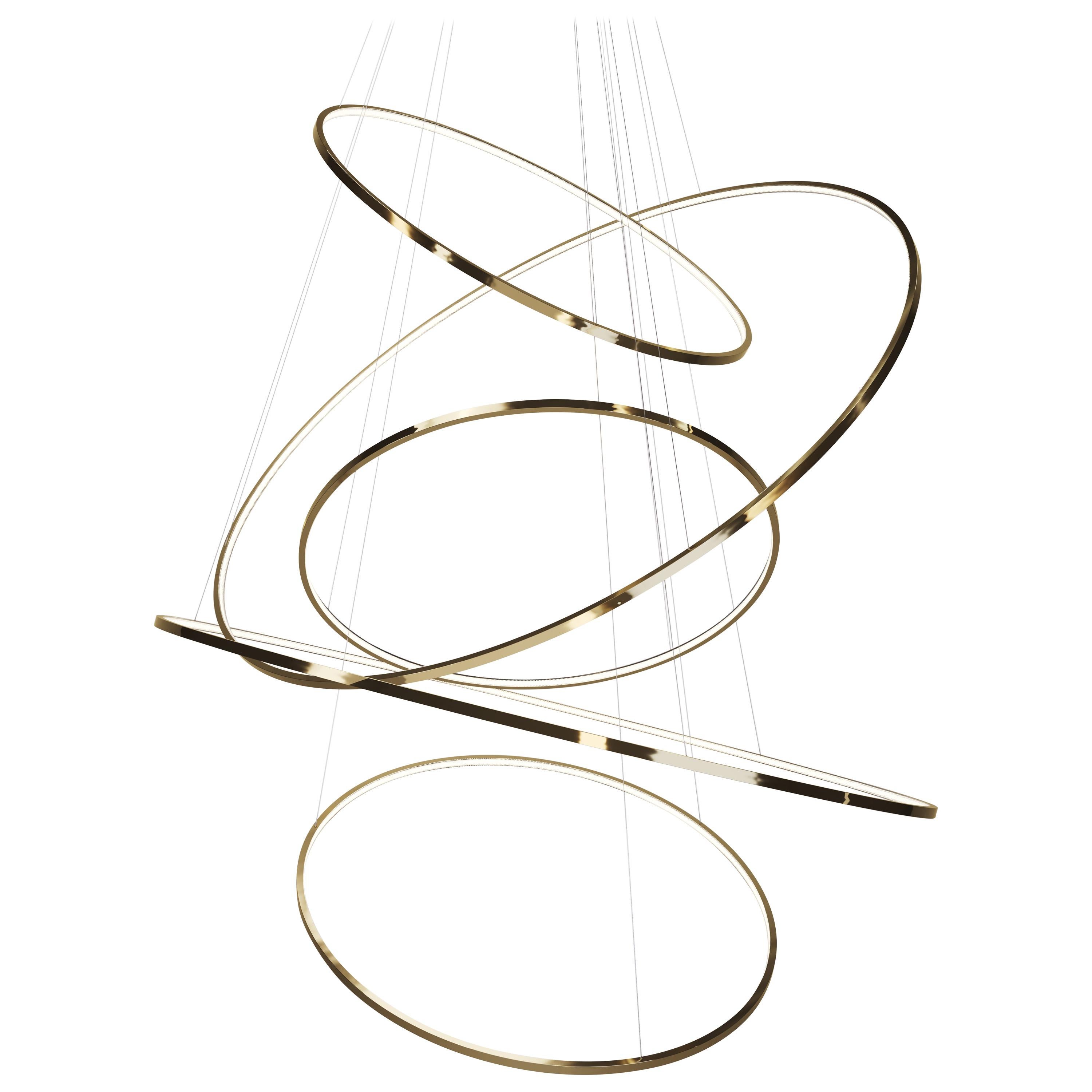 Contemporary Circular Small Lohja LED Five-Ring Chandelier in Polished Brass For Sale