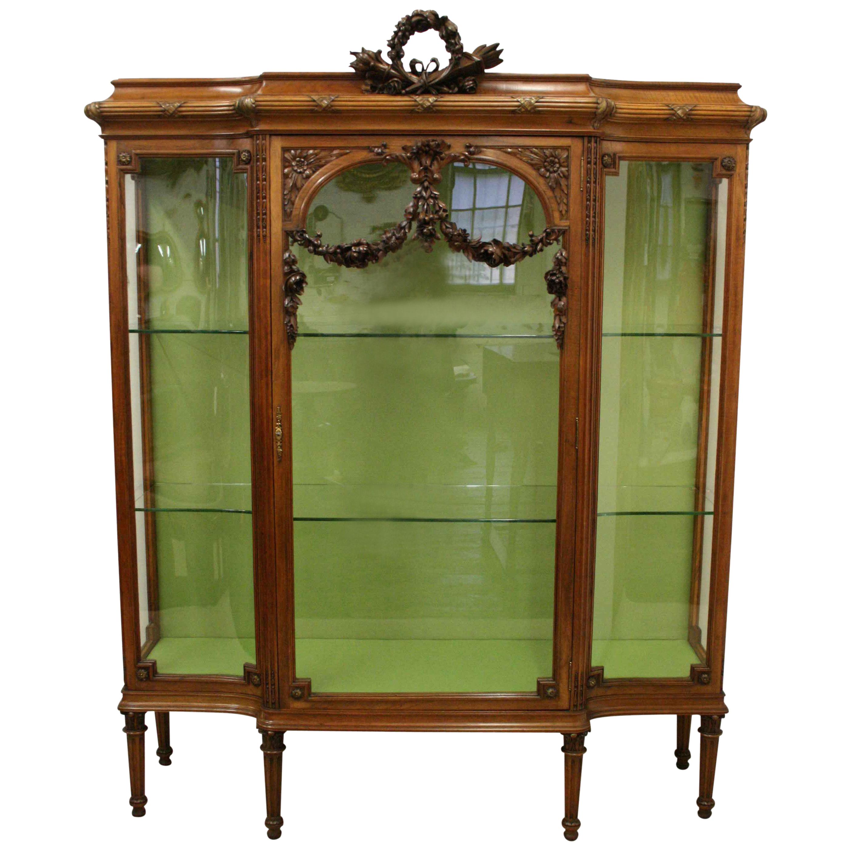 French Carved Walnut Display Cabinet For Sale
