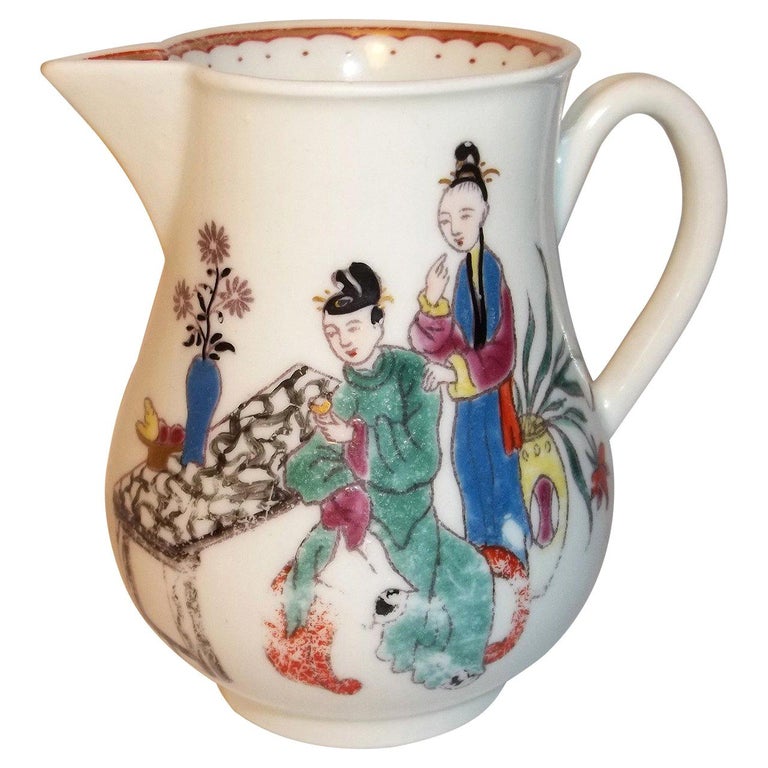 First Period Dr. Wall Worcester Milk Jug in Chinese Family Pattern, Circa 1770 For Sale