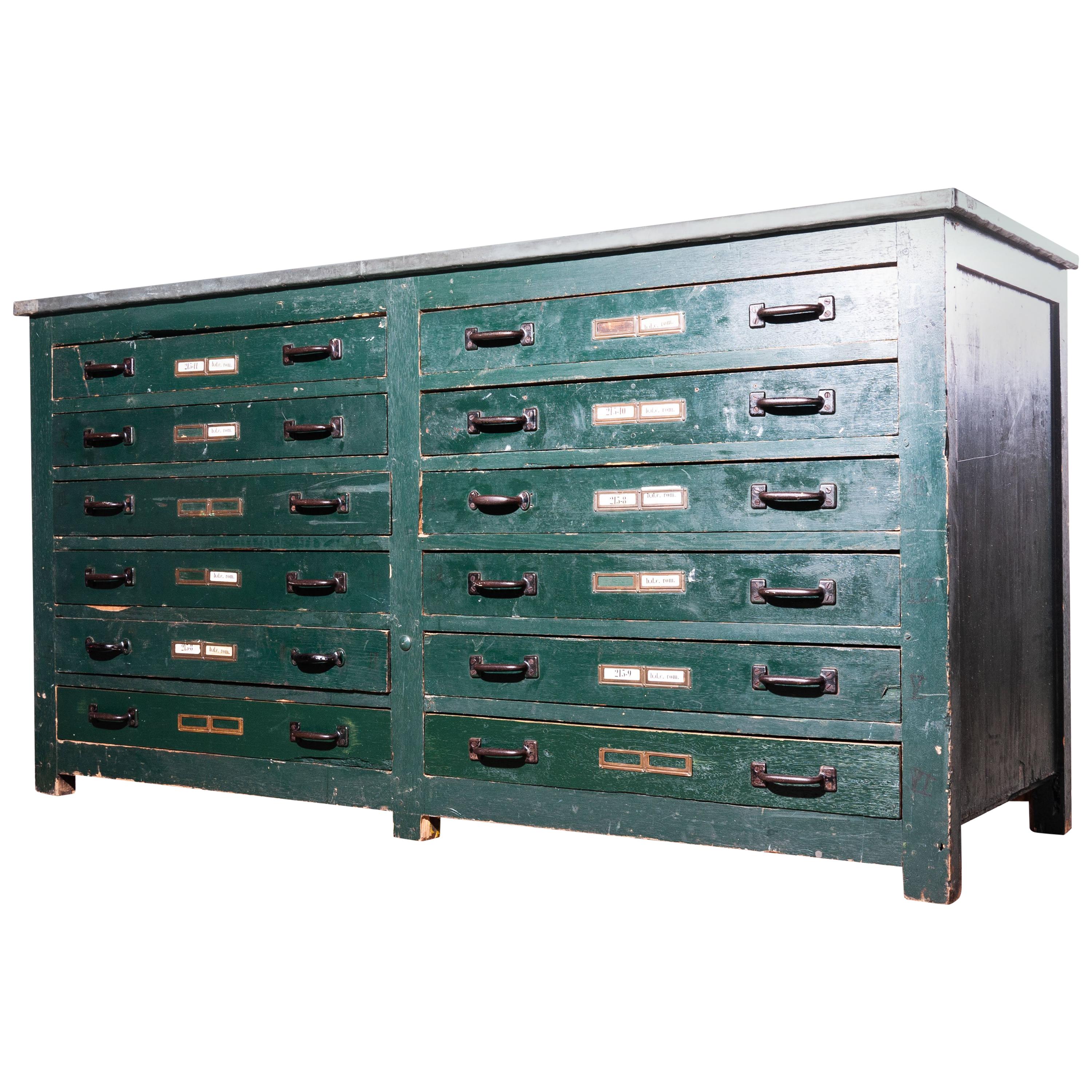 1940s English Industrial Cabinet, Chest of Drawers, Sideboard with Zinc Top
