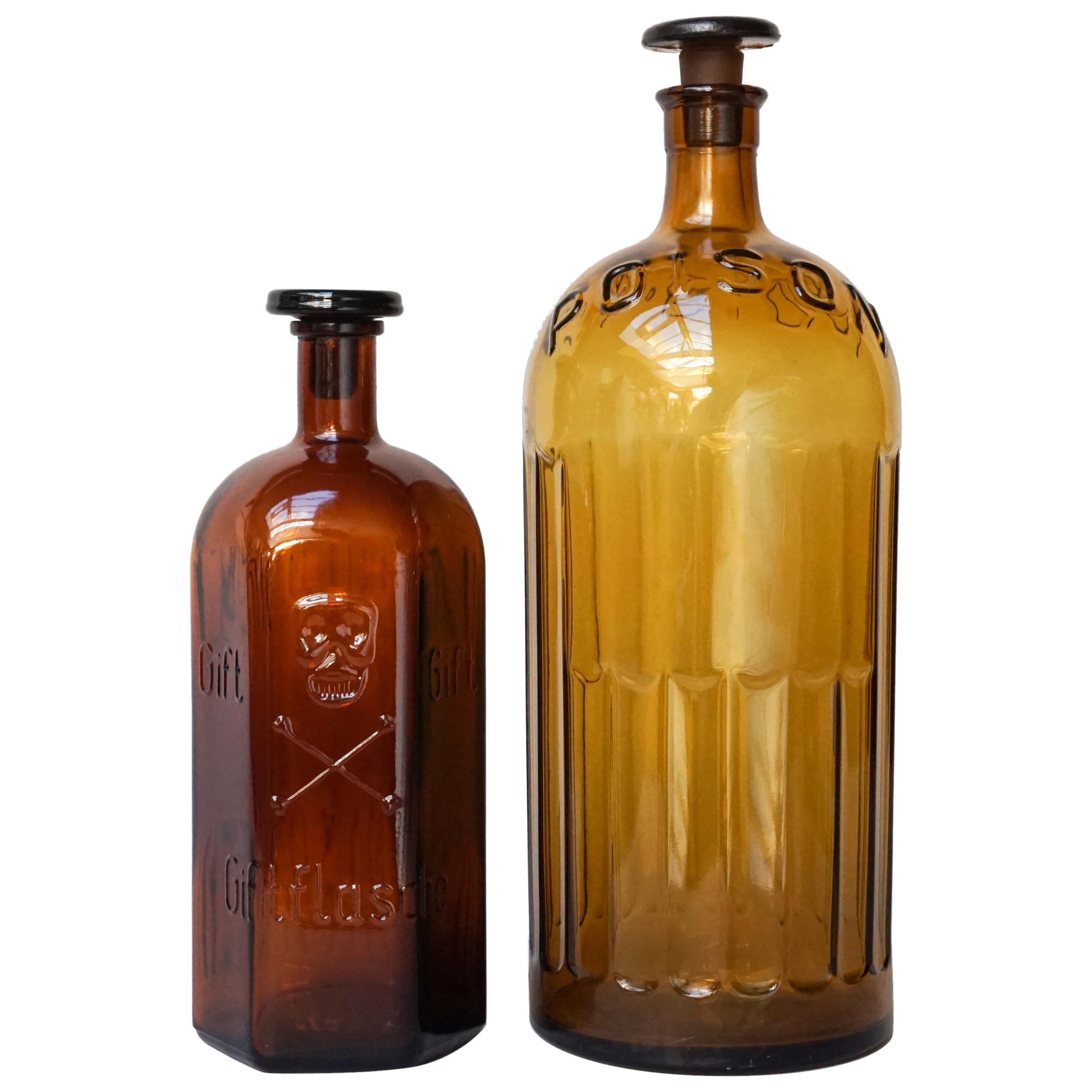Early 20th Century Set of Large Amber Glass Apothecary Poison Bottles
