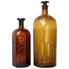 Antique Early 20th Century Set of Large Amber Glass Apothecary Poison Bottles