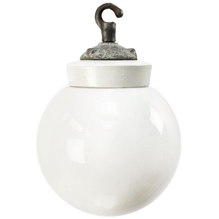 Porcelain Opaline Glass Vintage Industrial Cast Iron Hanging Light Porcelain Opaline Glass Vintage Industrial Cast Iron Hanging Light Pendants 3x For