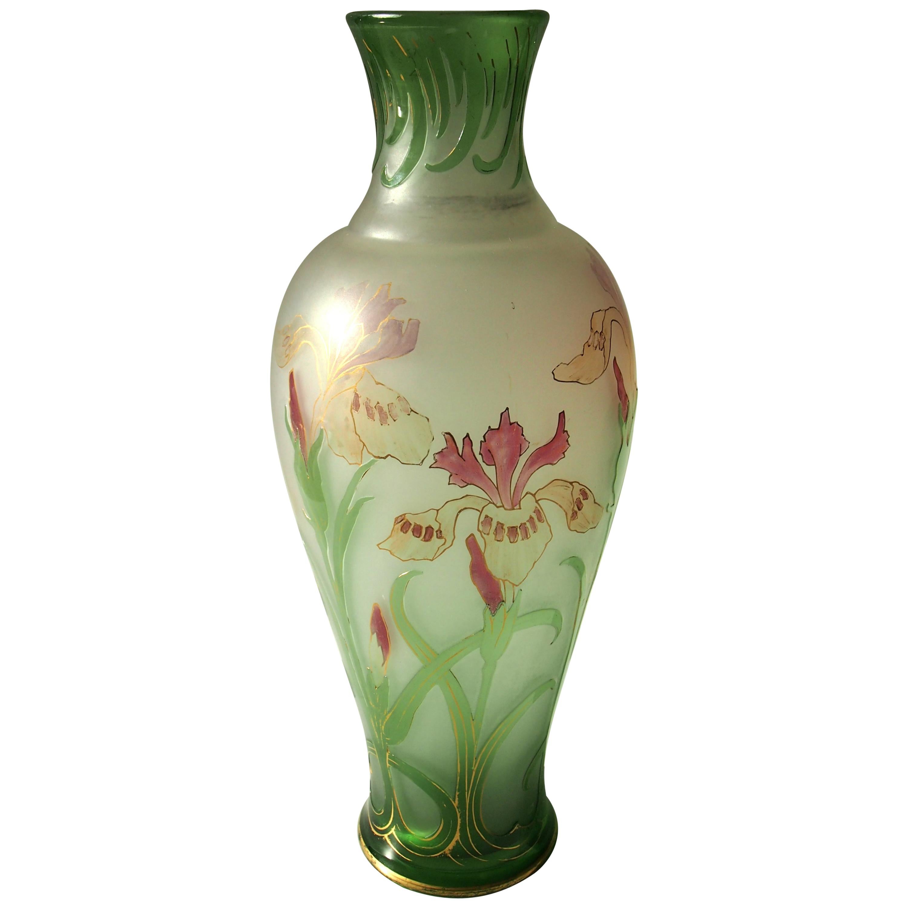 French Signed Art Nouveau Pantin Iris Cameo and Enamel Glass Vase
