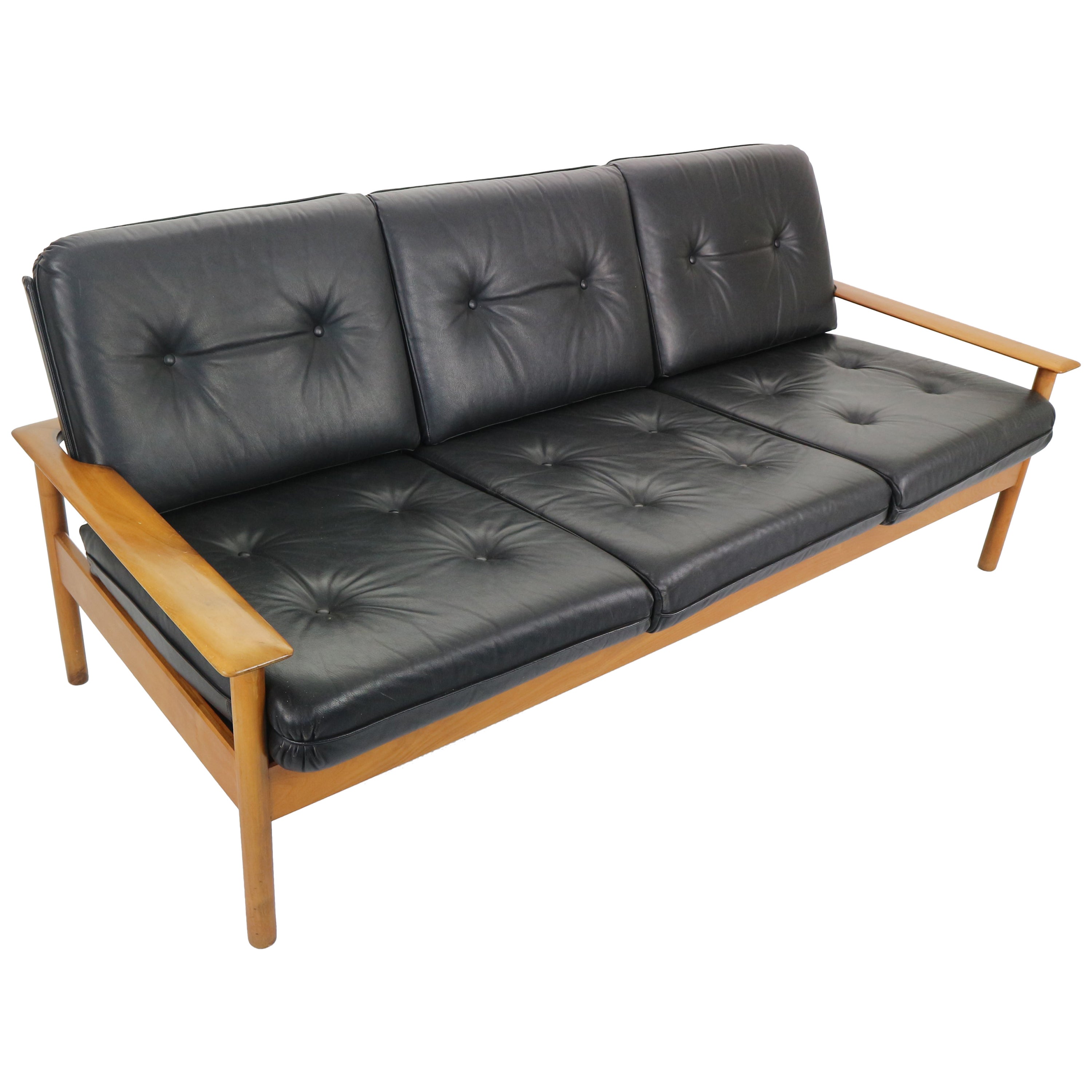 Mid Century Modern Three Seat Leather Sofa Scandinavian Design 1960s