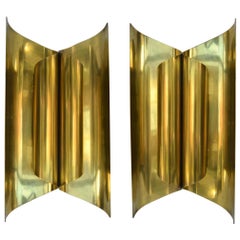 1950s Pair of Large Sculptural Modernist Polished Brass Wall Sconces