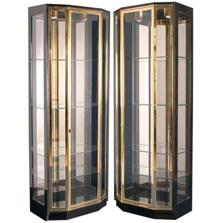 Exceptional Pair of Black Lacquered and Brass Display Cabinets by Henredon