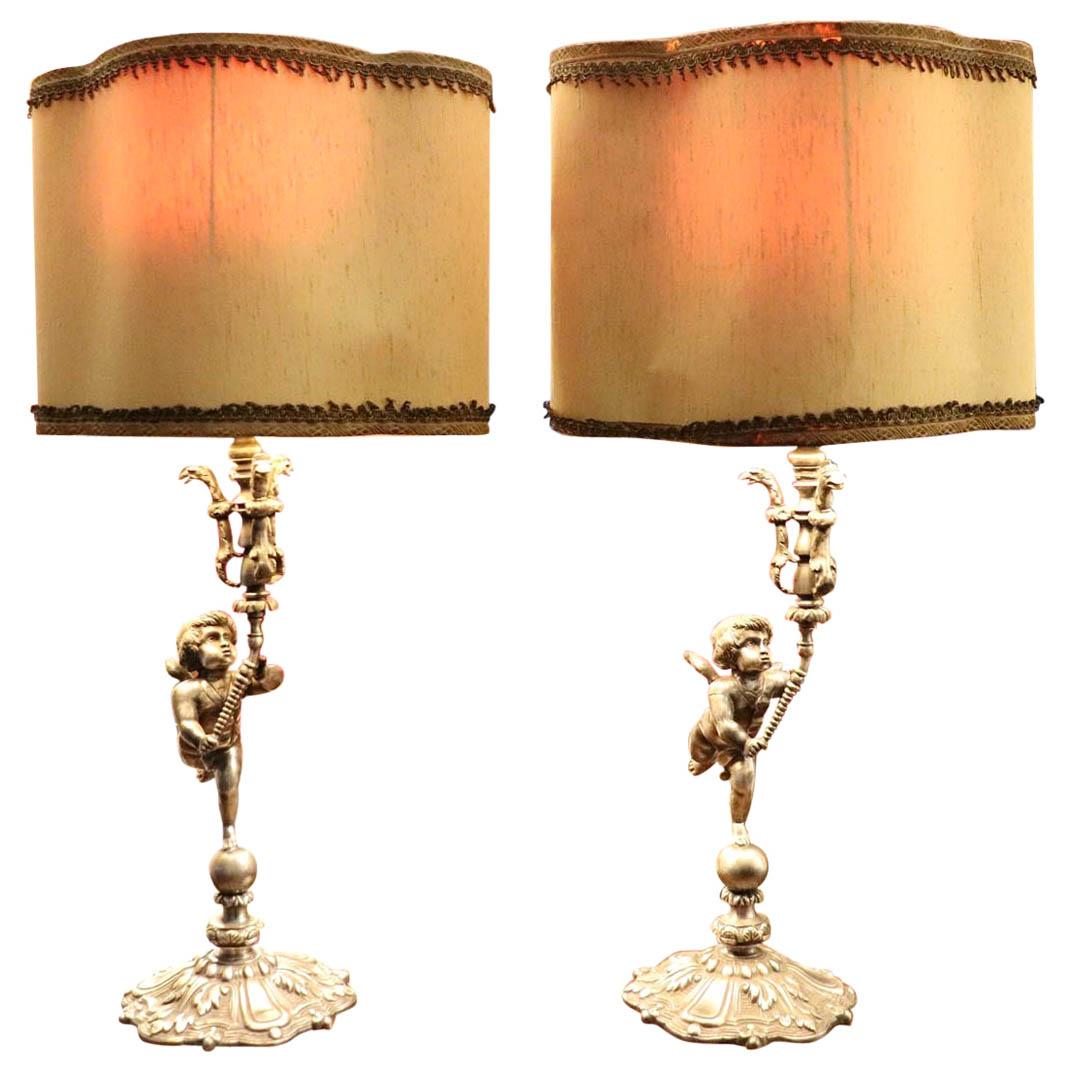 20th Century Italian Art Nouveau Silvered Bronze Pair of Table Lamp