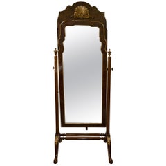 Antique Queen Anne Style Burr Yew, Walnut and Parcel Gilt Cheval Mirror, c1900