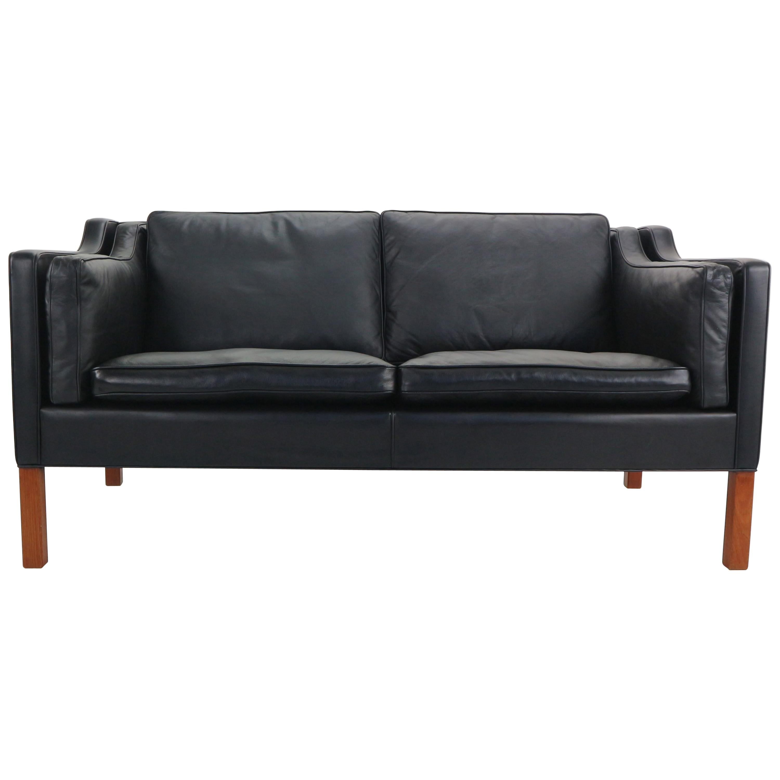 Two-Seat Black Leather Sofa Designed by Børge Mogensen for Fredericia A/S, 1960