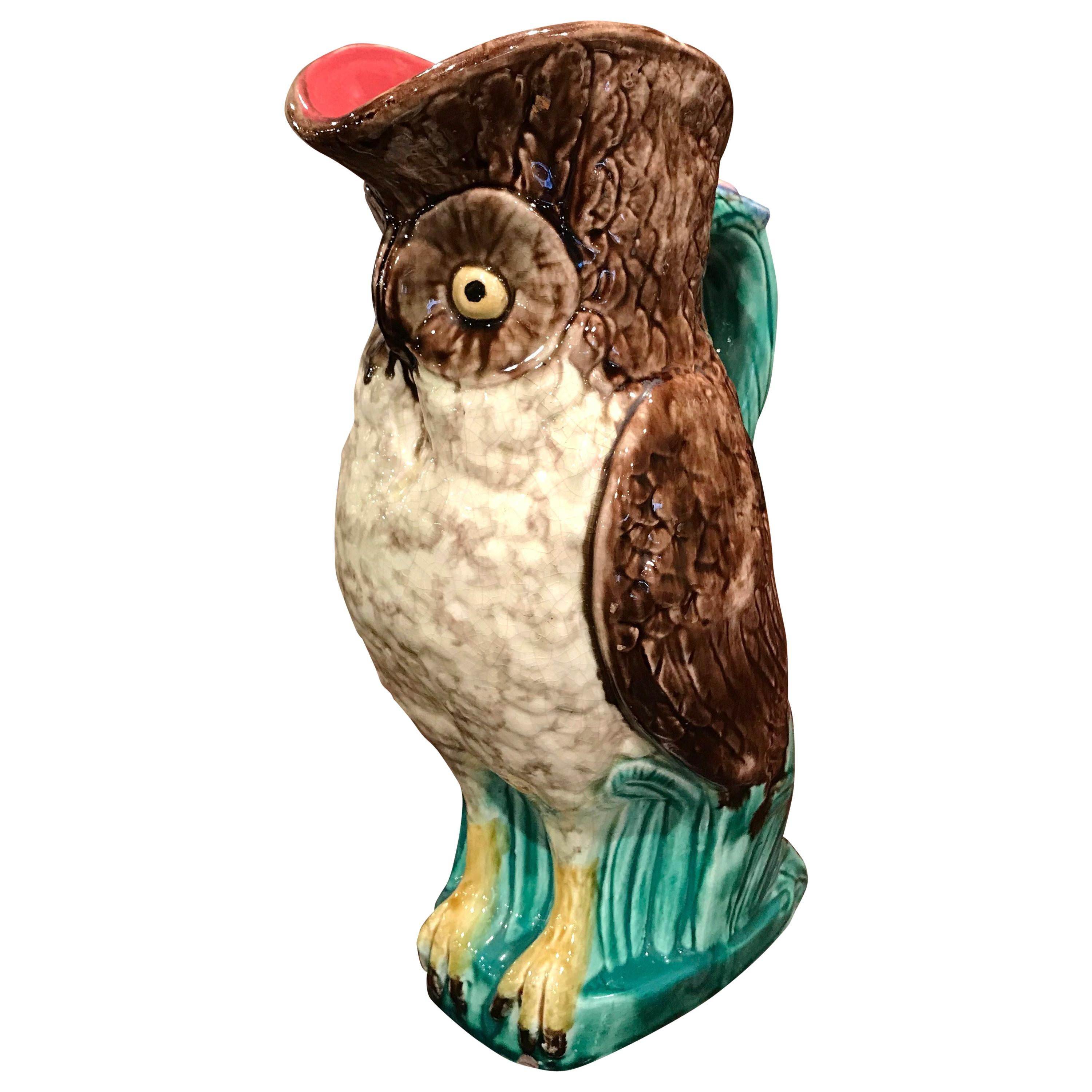19th Century Belgium Painted Ceramic Barbotine Owl Pitcher from Nimy-Les-Mons