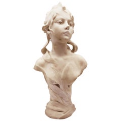 19th Century White Marble French Sculpture of Young Woman Signed Ant. Nelson