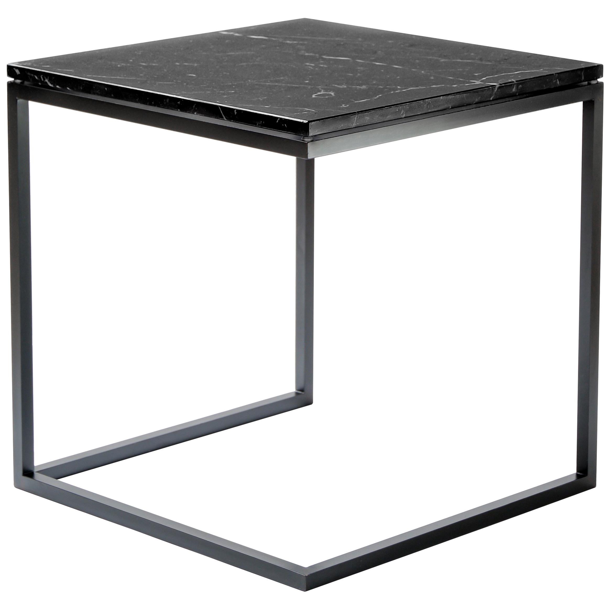 “ESOPO” Modern Handmade Iron Side Table with Black Marquina Marble Square Top For Sale