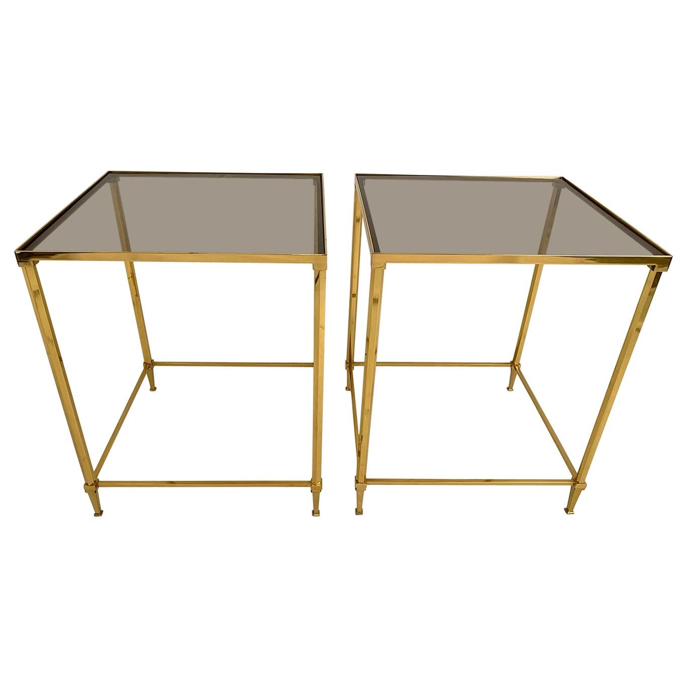Pair of Brass and Smoked Glass End Tables For Sale