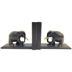 Antique Ebony Hand Carved Wooden Elephant Bookends