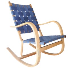 After Alvar Aalto Curved Blue Beige Birchwood Finnish Rocking Chair, 1940