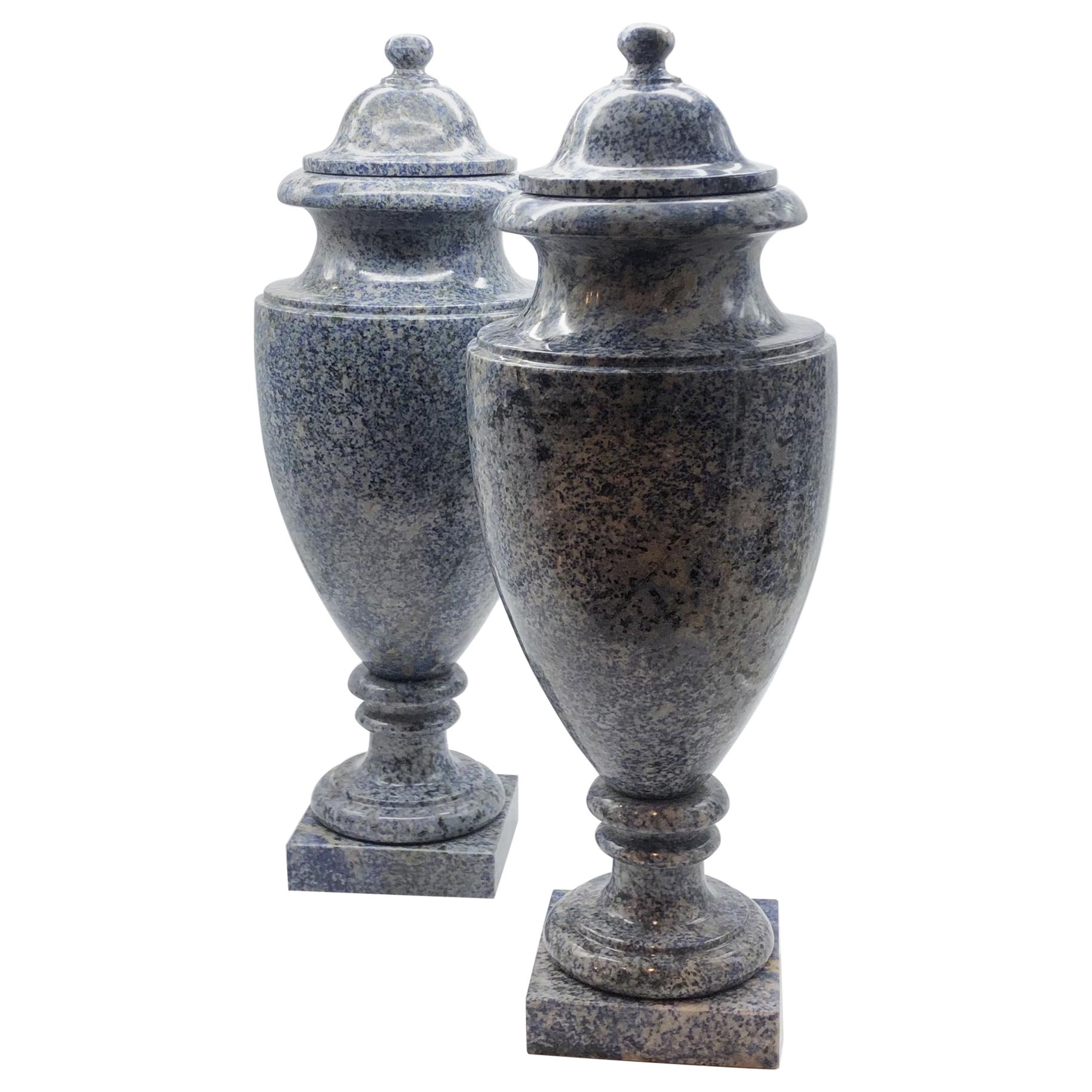 20th Century Italian Neoclassical Style Blue Azul Marble Sodalite Pair of Vases For Sale