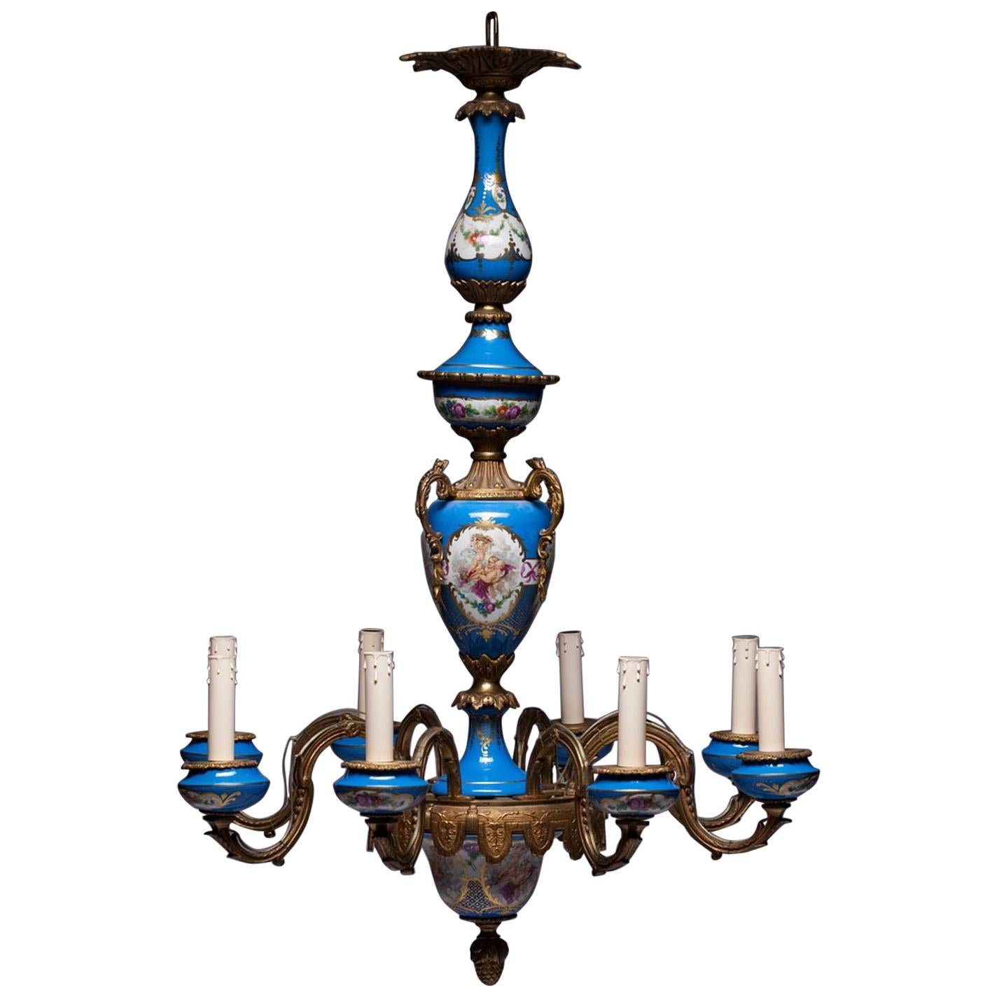 Gilt Bronze and Sèvres Style Porcelain Celeste Blue 8-Light Chandelier For Sale