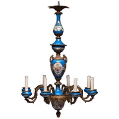 Gilt Bronze and Sèvres Style Porcelain Celeste Blue 8-Light Chandelier