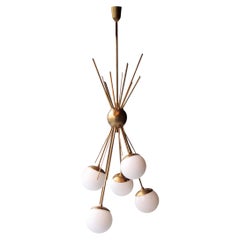 Midcentury Modern Stilnovo Style Brass Opaline Glass Italian Ceiling Lamp, 1970