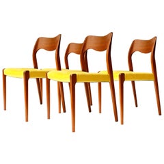 N.O. Møller Scandinavian Yellow Brown Teak Danish Four Chairs. Denmark, 1950