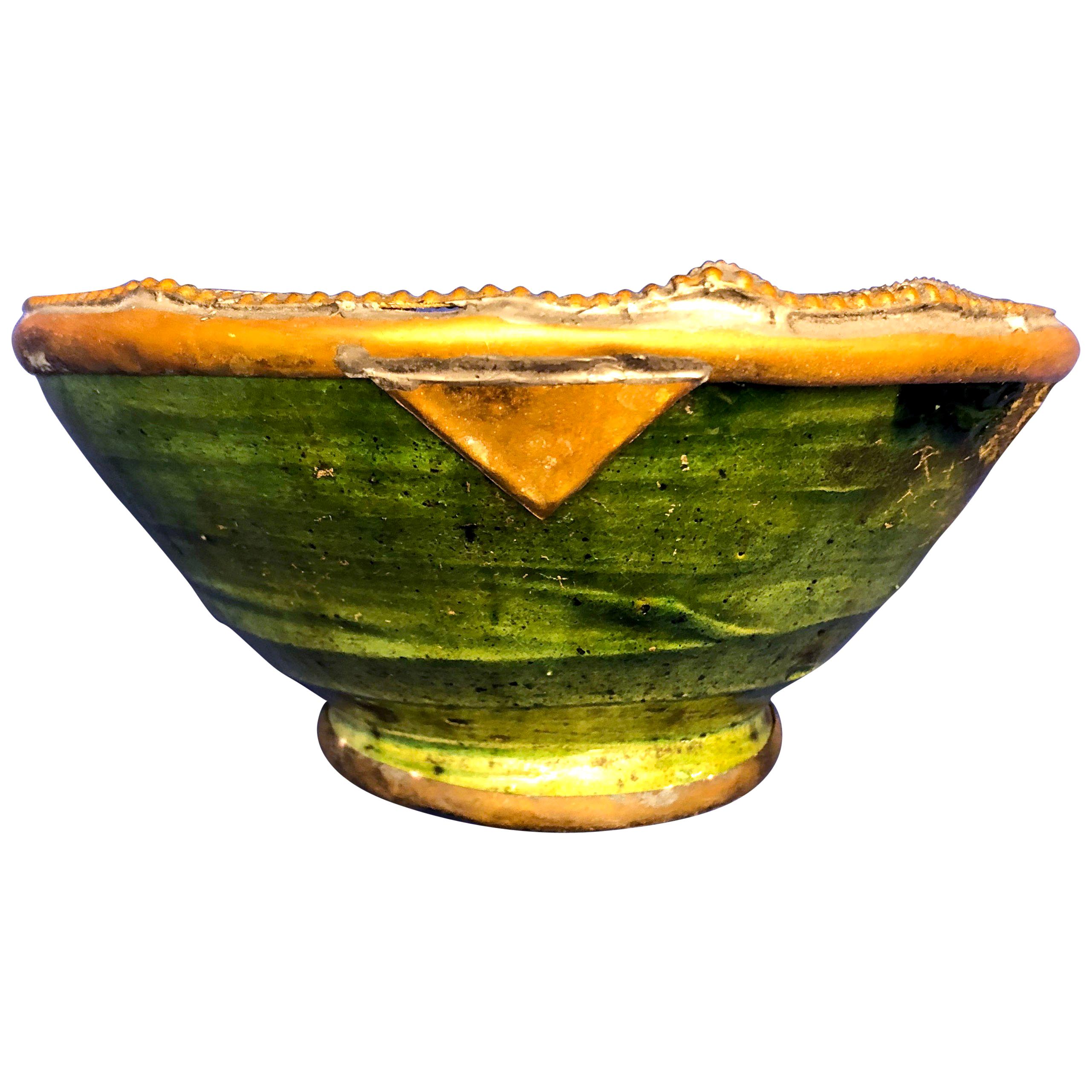 Moroccan Green Pottery Bowl with Brass Rim Handmade in Tamegroute Morocco