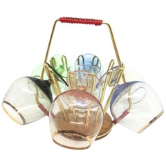 Seven Barware Cognac Snifters Glasses on Mid-Century Modern String Wire Caddy