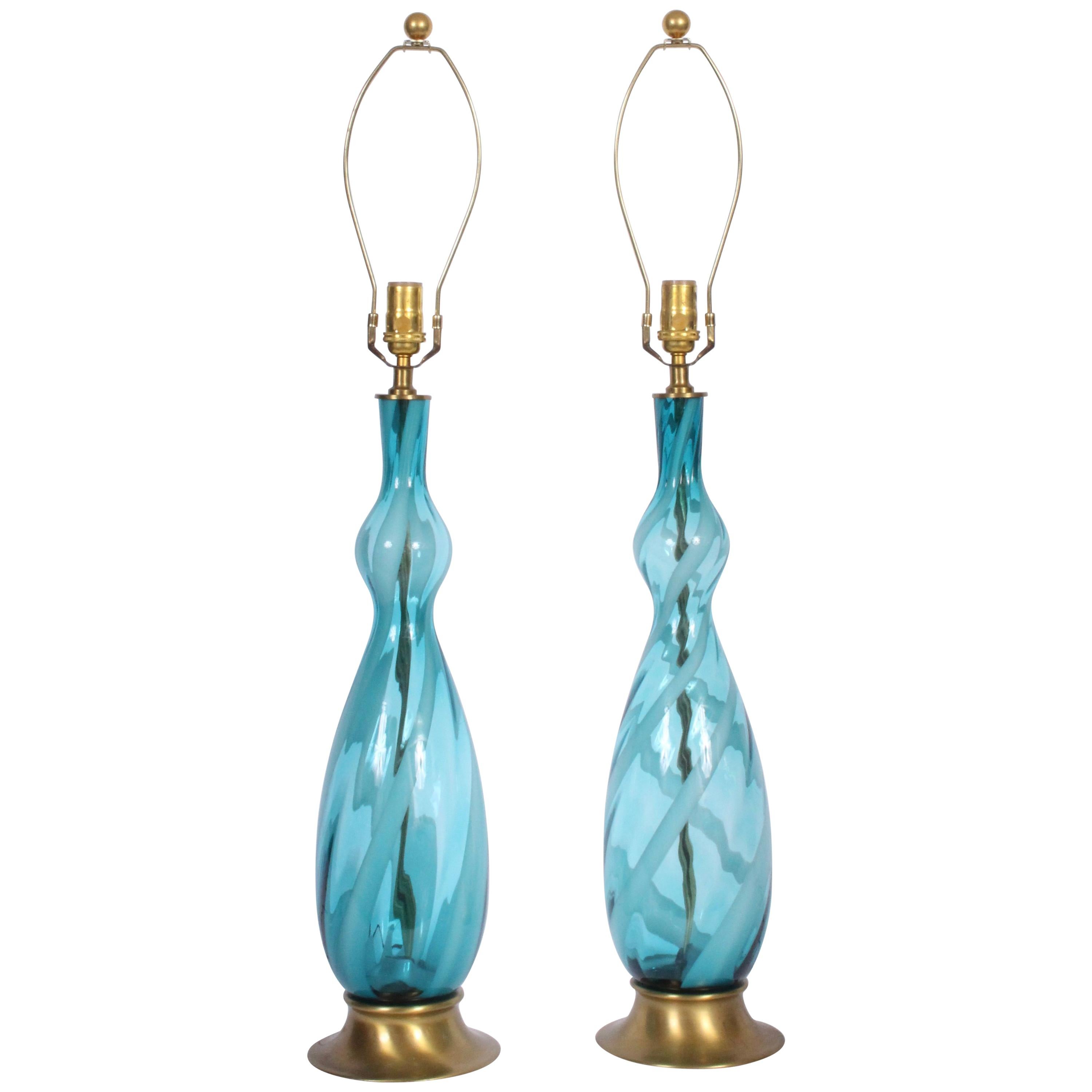 Monumental Pair of Turquoise and White Swirl Murano Art Glass Table Lamps, 1960s