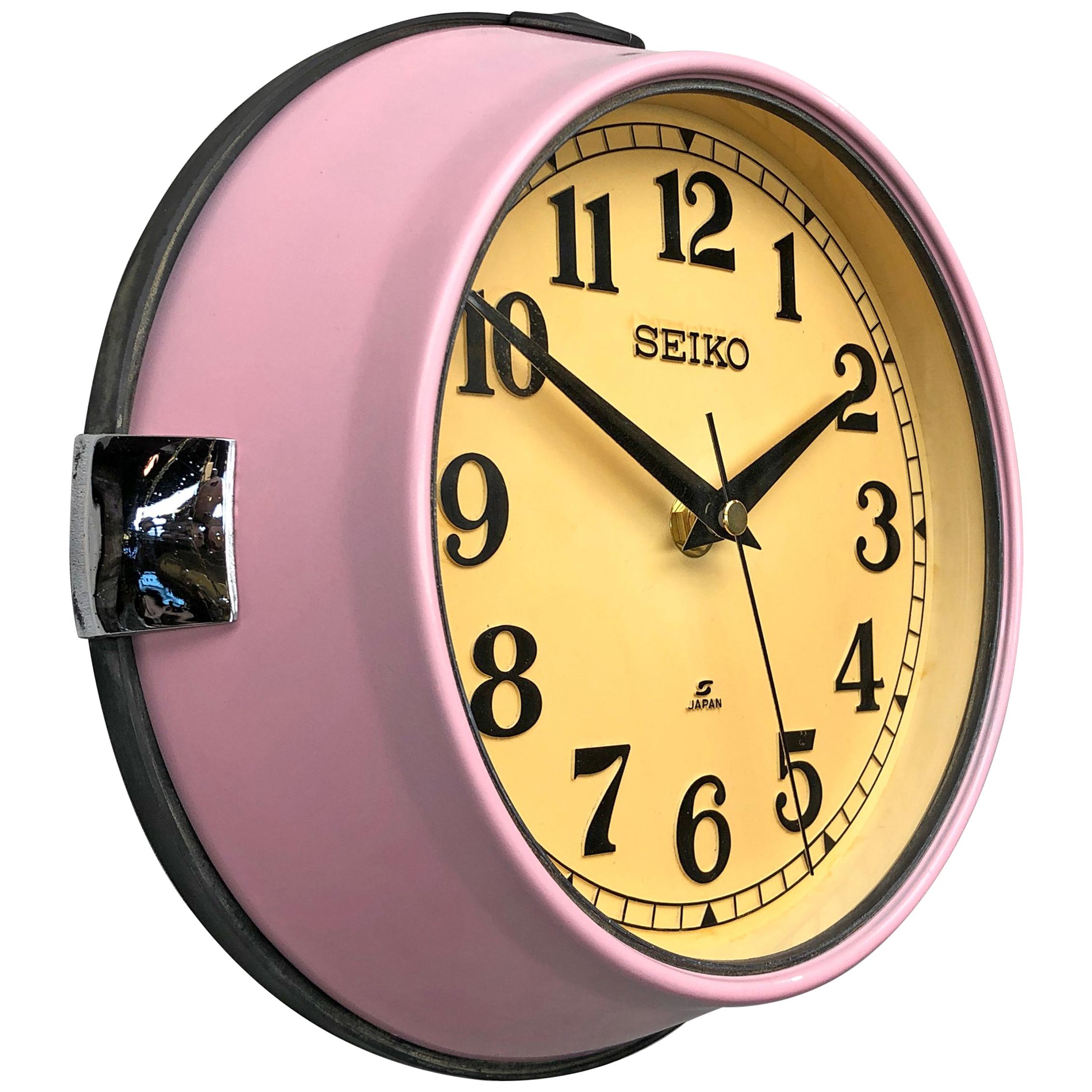 1970s Seiko Retro Vintage Industrial Antique Steel Quartz Wall Clock, Pink