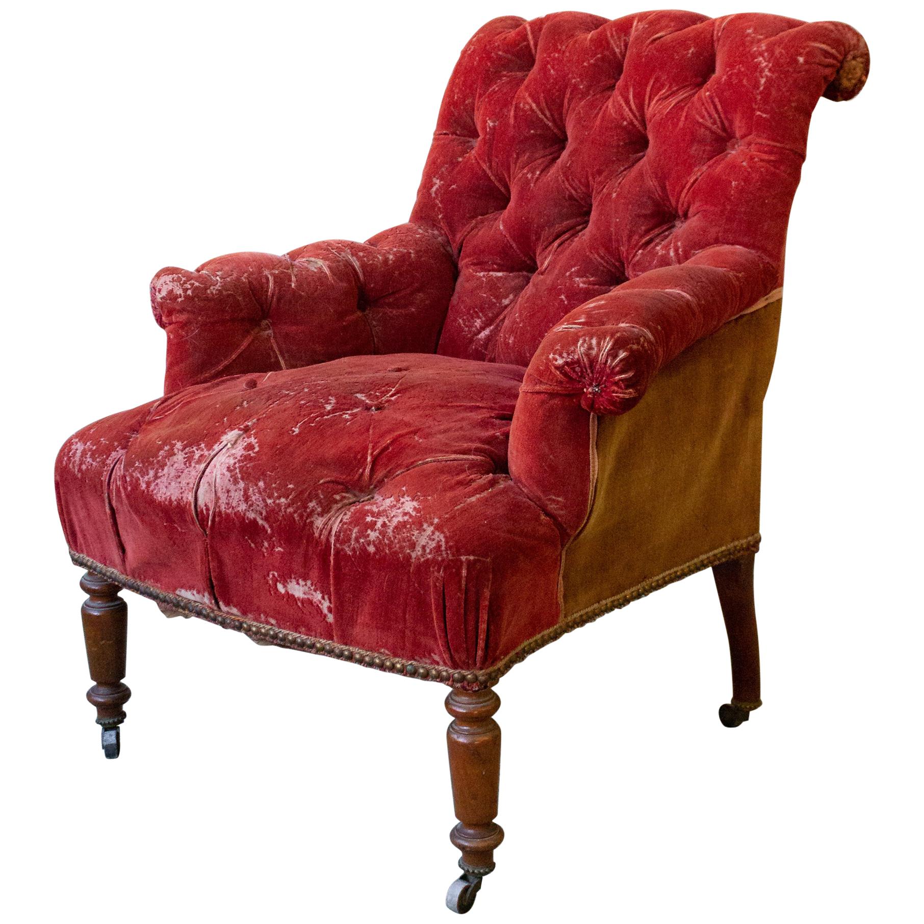 French 19th Century Armchair in Distressed Red Velvet