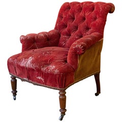 French 19th Century Armchair in Distressed Red Velvet