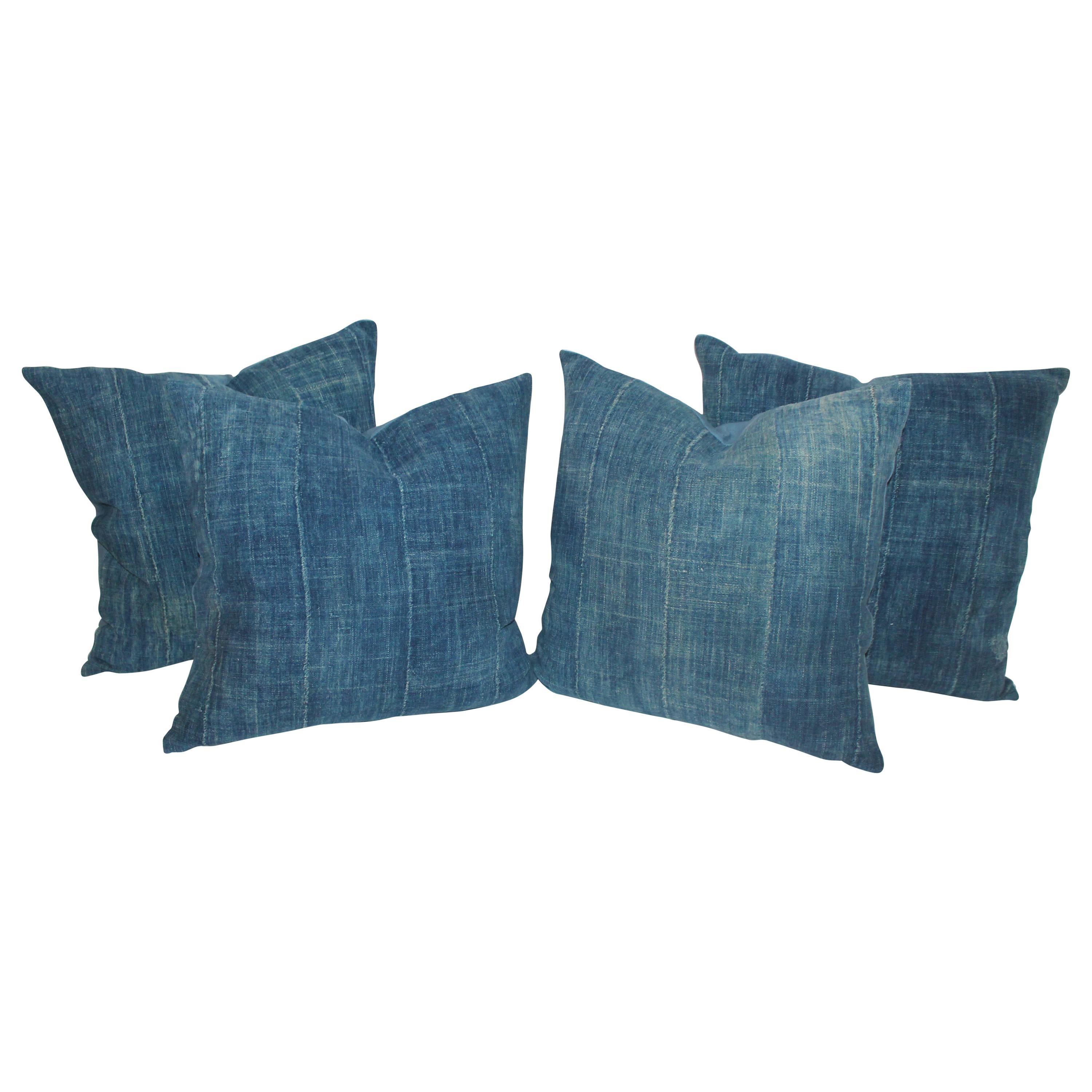 Collection of Four Blue Linen Homespun Pillows Set of 4