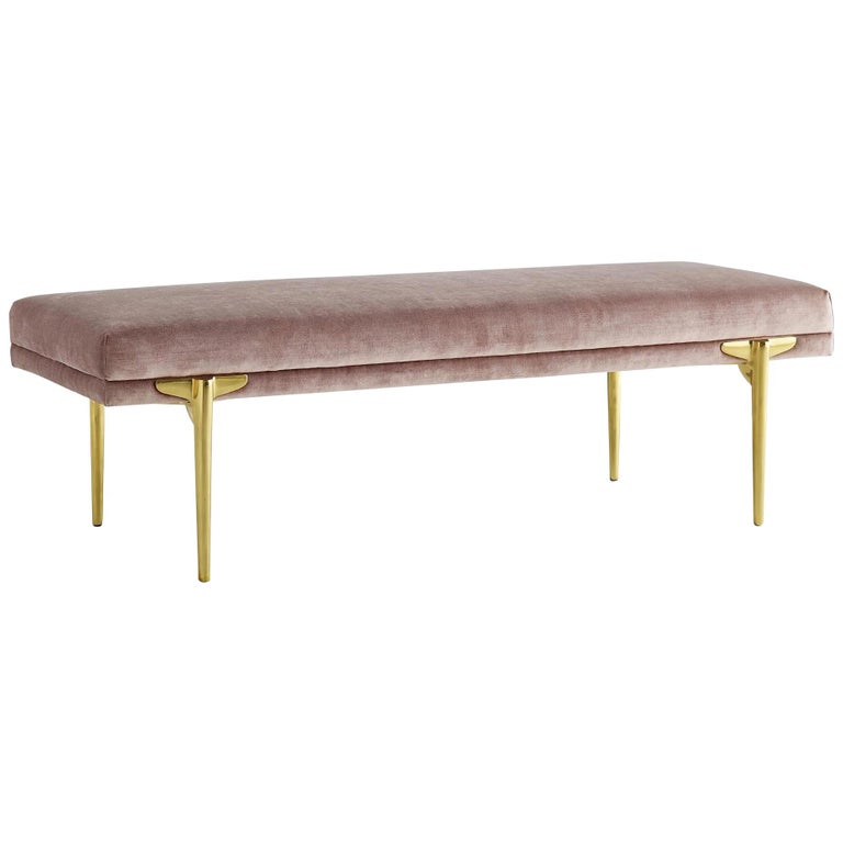 Rectangular Brushed Brass Entryway Bench Upholstered in Rosewood Velvet