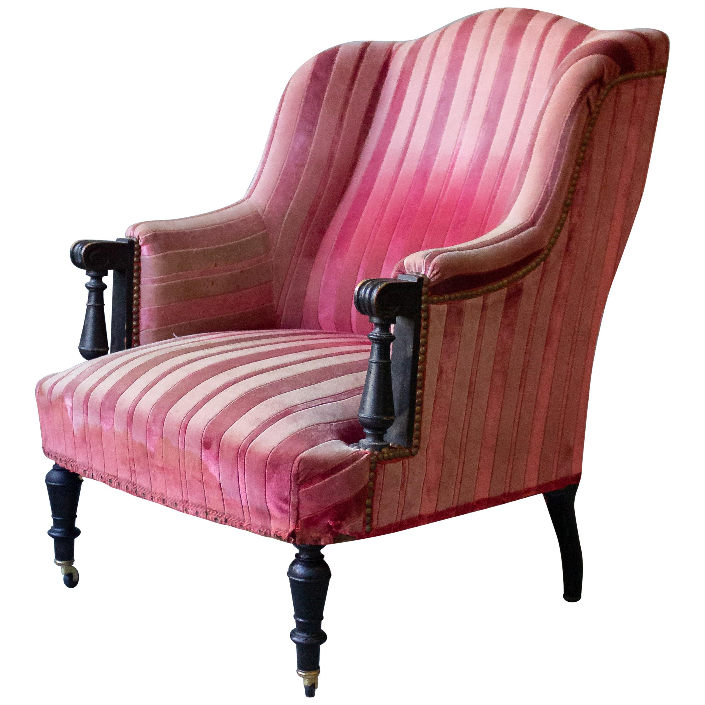 Unusual French Armchair in Faded Red Velvet