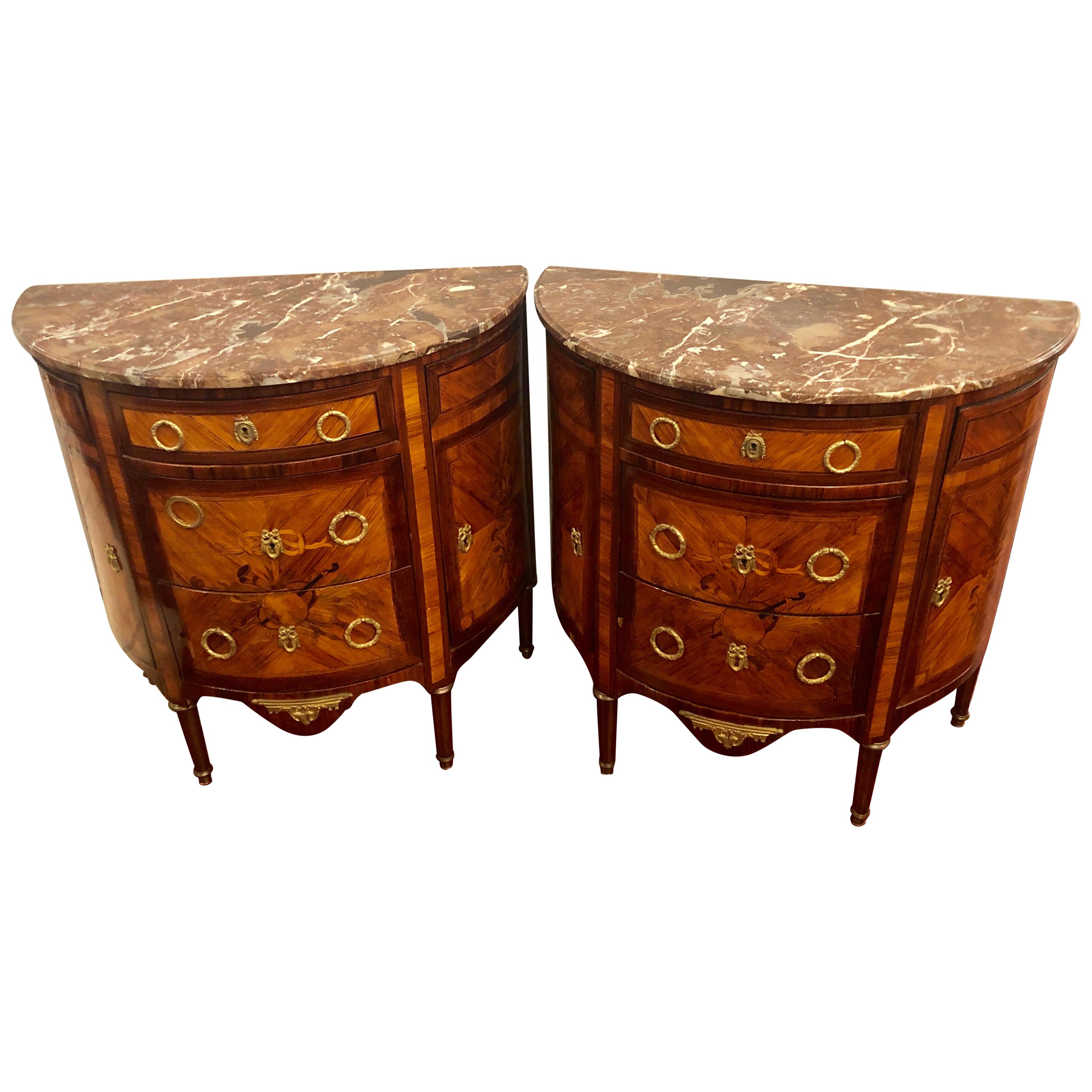 Pair of 19th Century Inlaid French Demilune Commodes or Nightstands