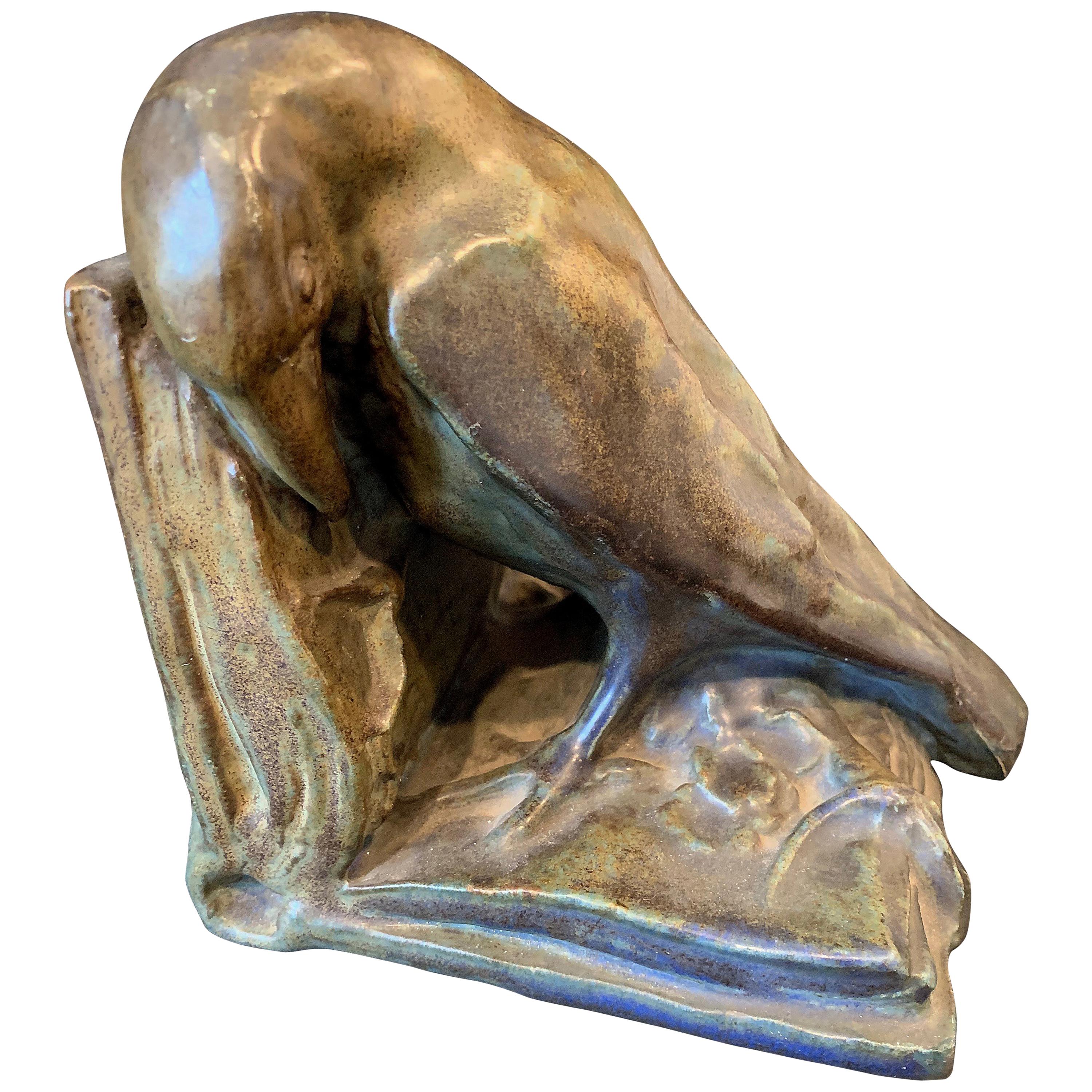 Rook Bookend, Unusually Large and Fine Sculpture by Rookwood Pottery