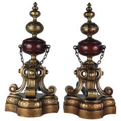 Antique Pair of French 19th Century Louis XIV Style Bronze and Marble Chenets / Andirons
