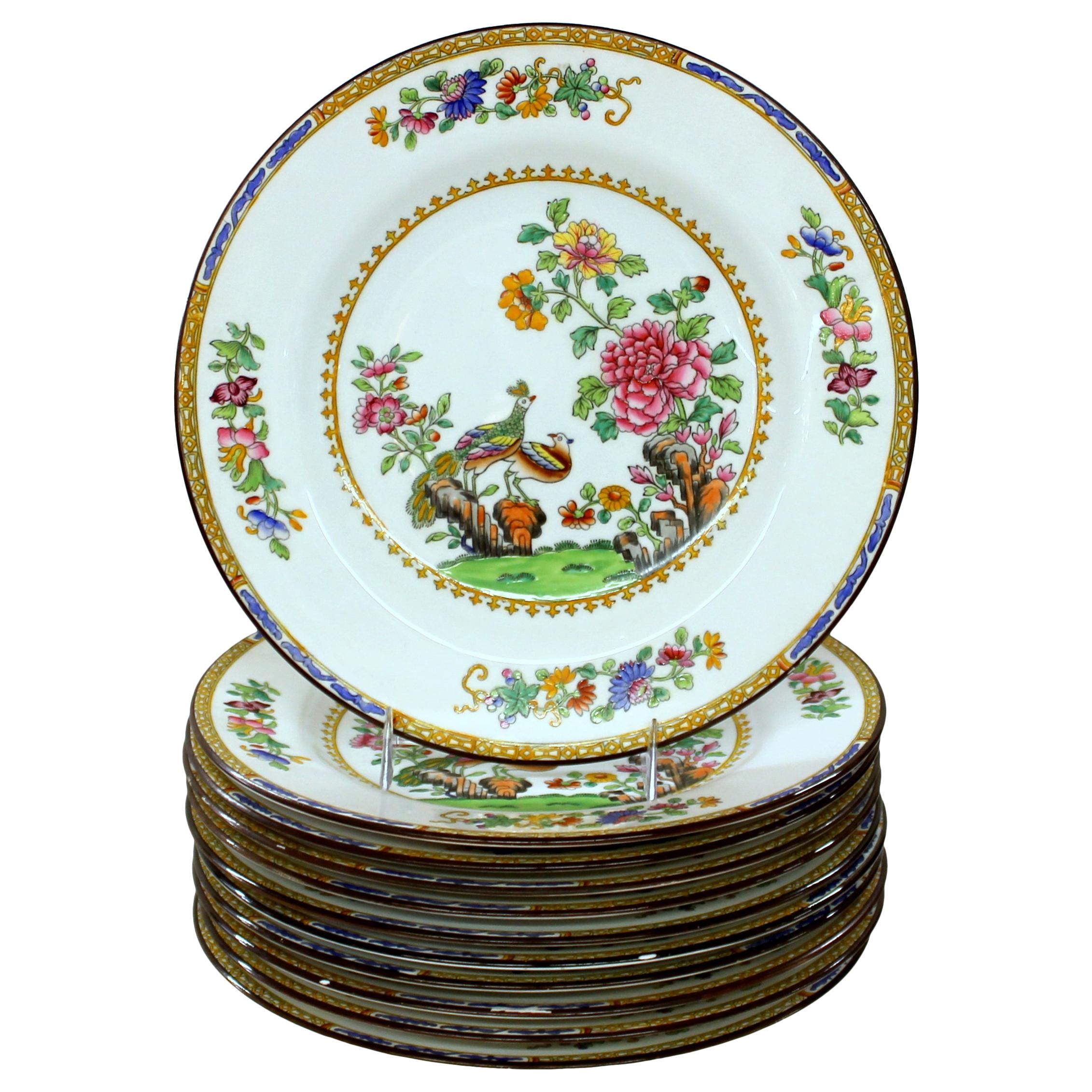 Set of Eleven Old English Spode ‘Copelands’ "Peacock and Peony" Luncheon Plates