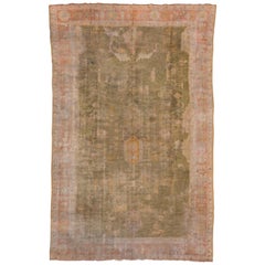 Antique Distressed Oushak Carpet, Green Field, circa 1910s