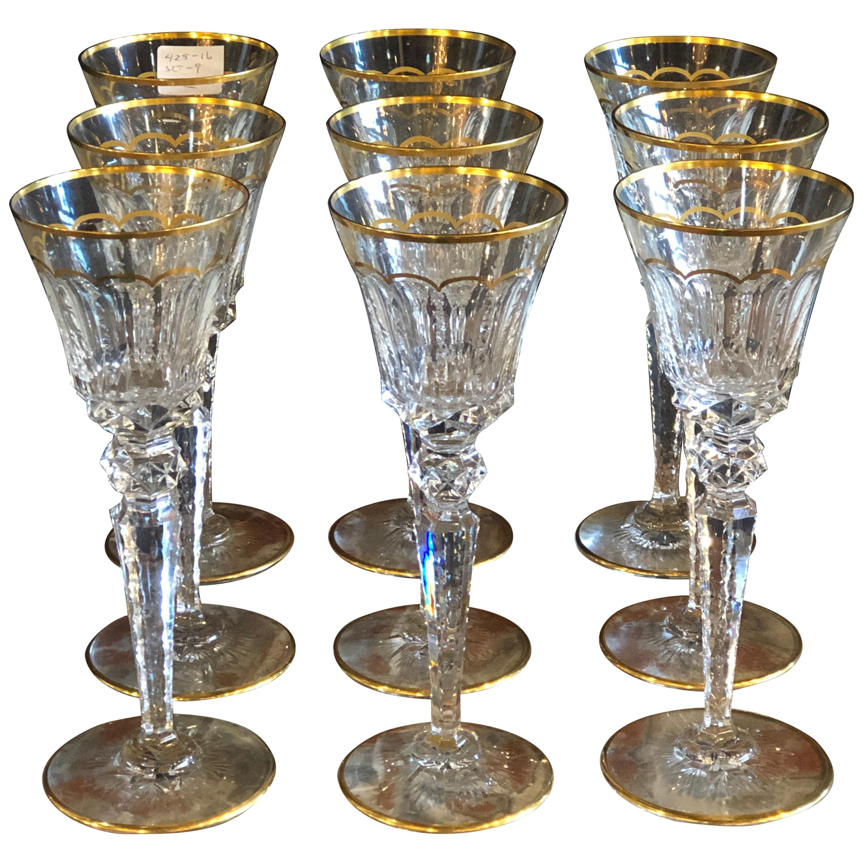  Nine St Louis Crystal Wine Glasses Mouth Blown & Hand Engraved Large Sized