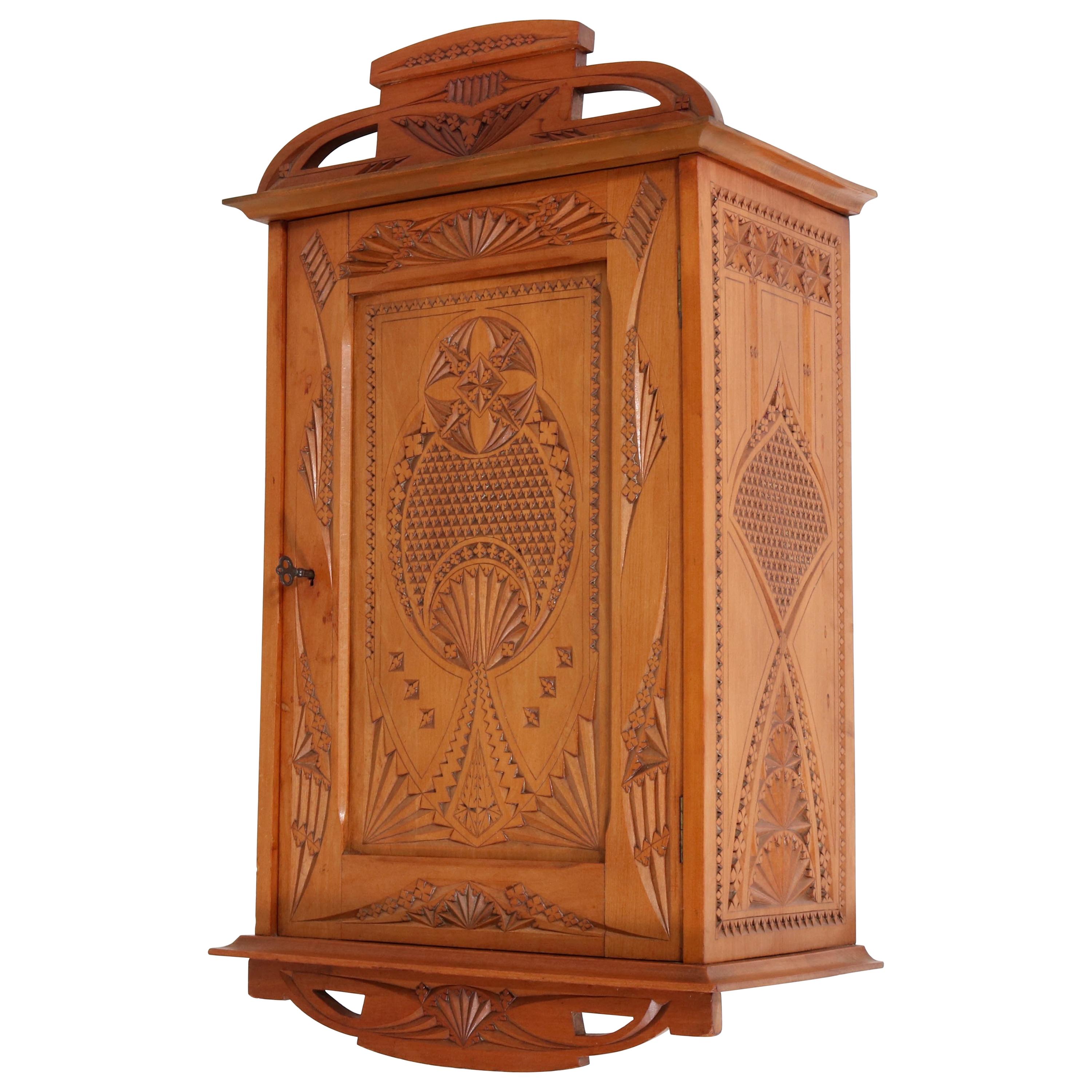 Dutch Fruitwood Art Nouveau Kerfschnitt Wall Cabinet, 1900s